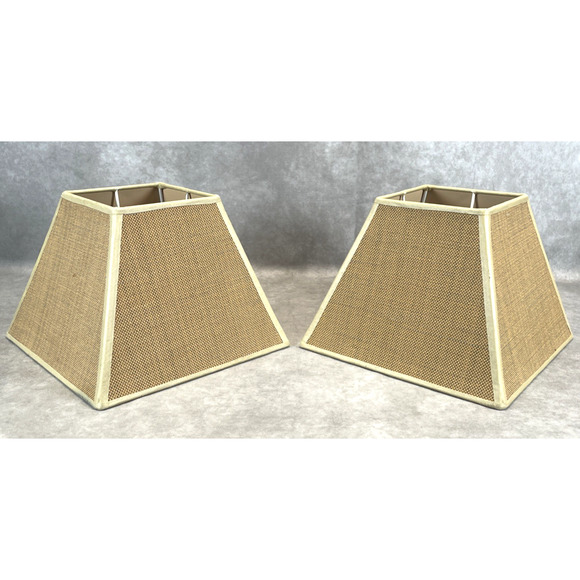 Set of 2 Vintage Pierre Frey Lamp Shades Hard Back Tapered Square Woven Raffia - Picture 1 of 10